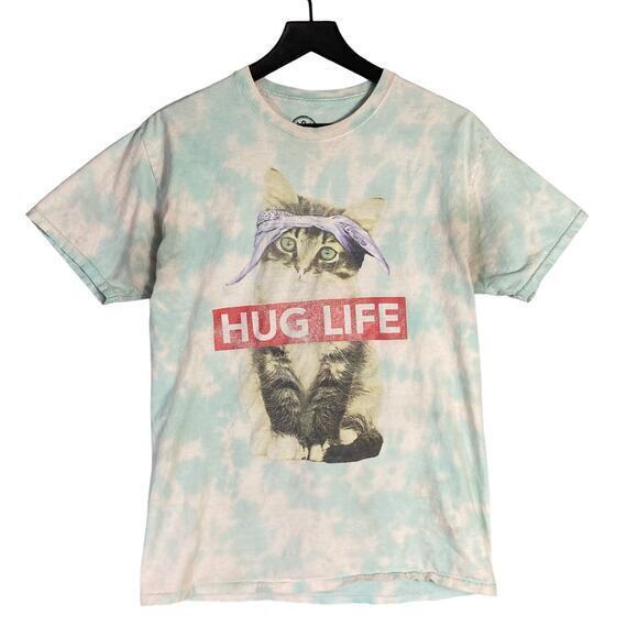 DOM Men's M Aqua Tie Dye "Hug Life" Cat‎ Graphic T-Shirt Casual - Picture 1 of 5